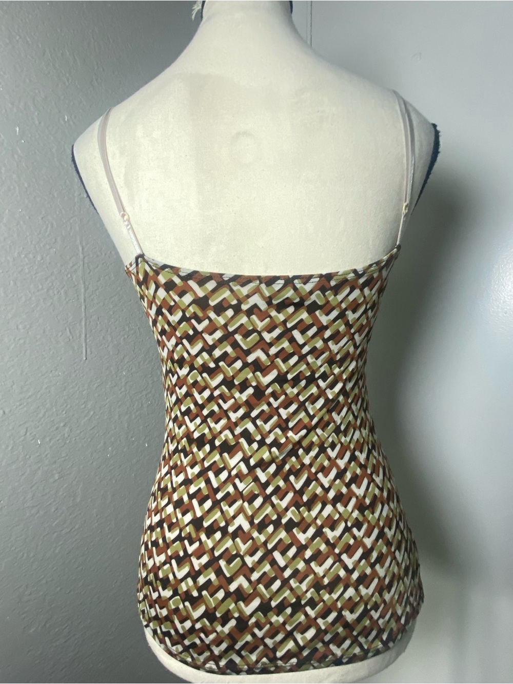 Y2K Green Brown & Grey Geometric Print Ruched Padded Bust Tank Top Size Medium - Picture 5 of 7